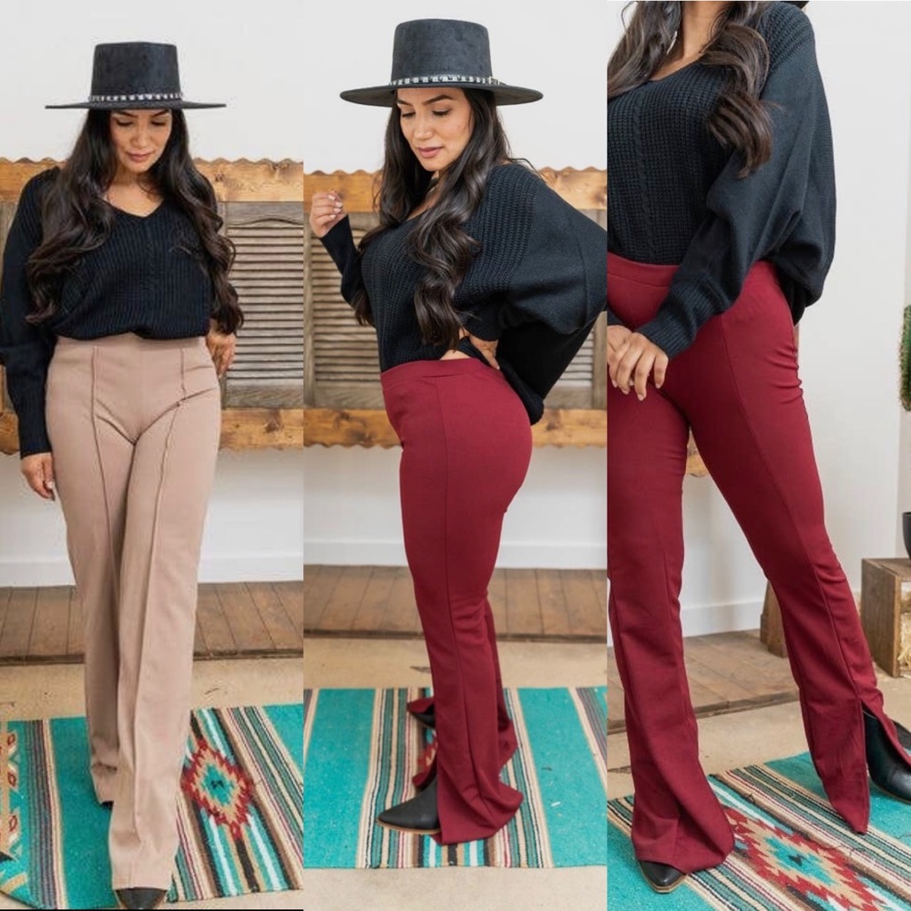 Solid straight  leg pants with a slit hem